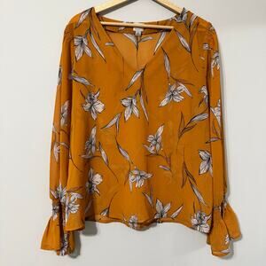 A New Day Blouse Top Mustard Yellow Boho Floral Chic Ruffle V-Neck Sheer